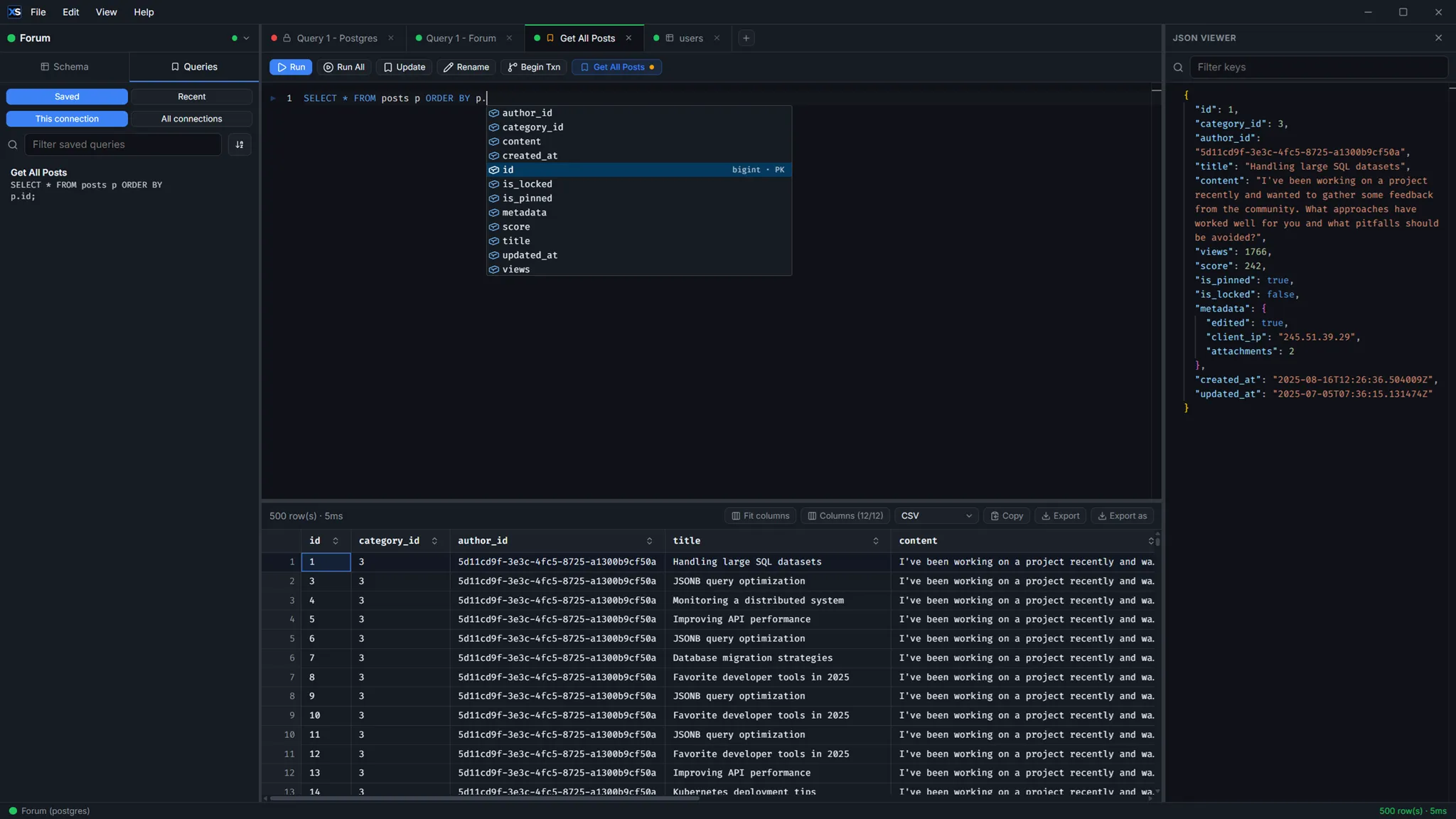 XenSQL query editor with table and column suggestions